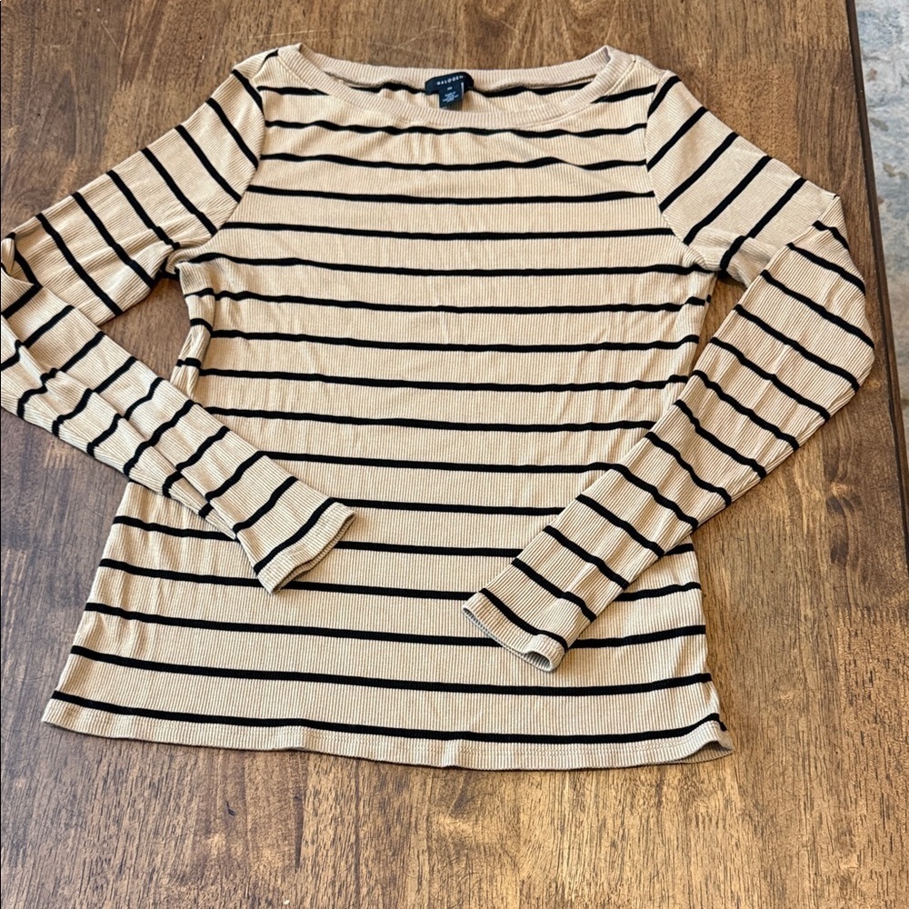 Halogen Beige and Black Striped Long Sleeve Tee